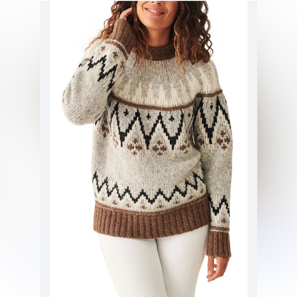 Faherty Frost Fair Isle Nordic Knit Pullover Sweater - Cream and Brown